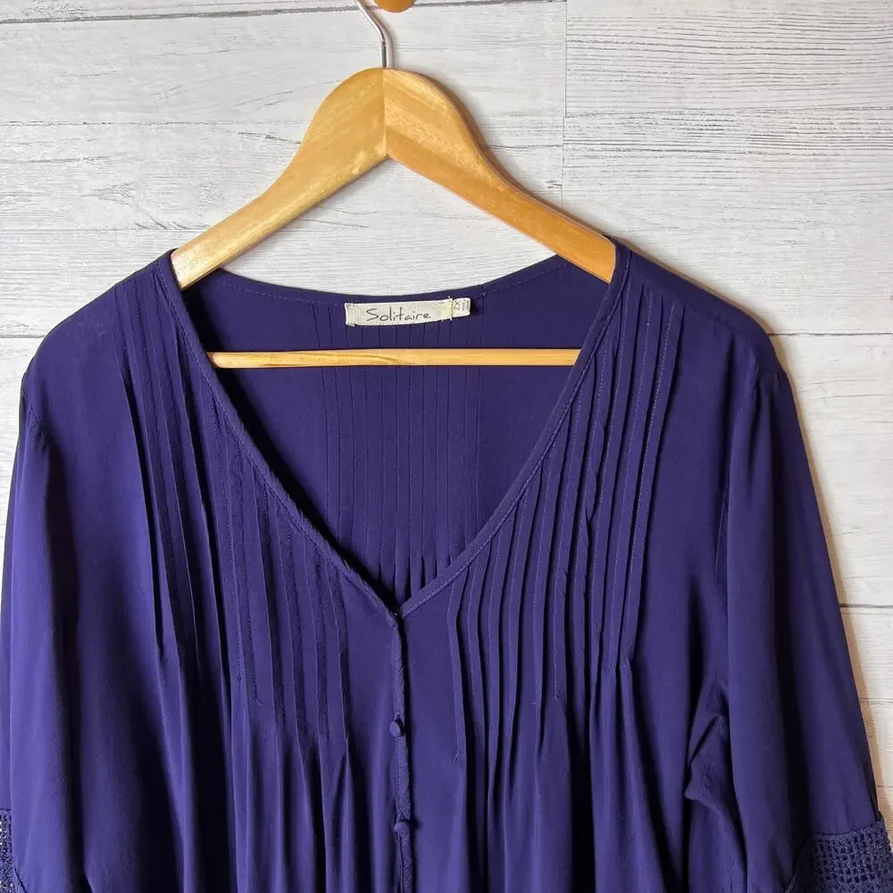 Solitaire Blouse Womens Size 2X Navy Blue Pintuck Button Down Embroidery Boho - Picture 8 of 15